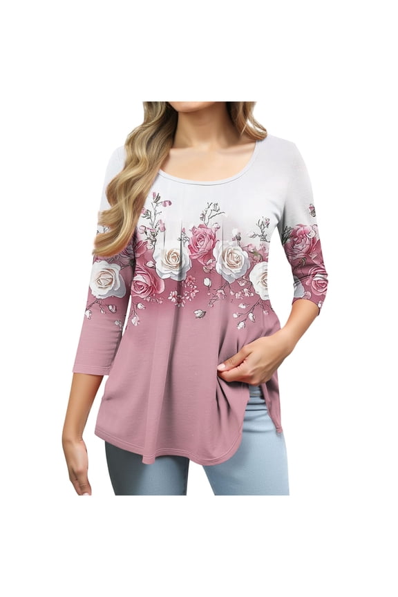 Women's Plus Size T-Shirt Print Floral Round Neck 3/4 Sleeve Blouse I-Pink (M)