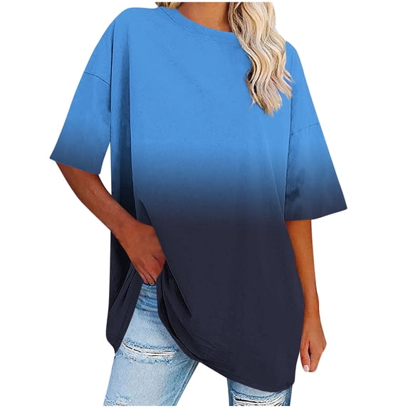 Zwiiyzr Women's Plus Size T-Shirt Round Neck Short Sleeved Topss Blue (L)