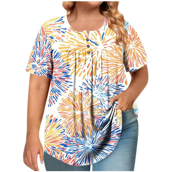 ZQUUVOU Women's Plus Size T-Shirt Short Sleeved Crew Neck Button Front Pleated Blouse E-Beige (4XL)