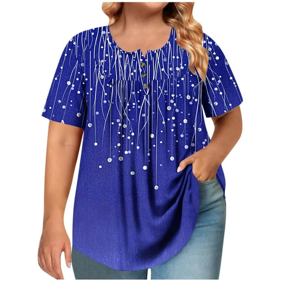 ZQUUVOU Women's Plus Size T-Shirt Short Sleeved Crew Neck Button Up Front Pleated Blouse Blue (3XL)