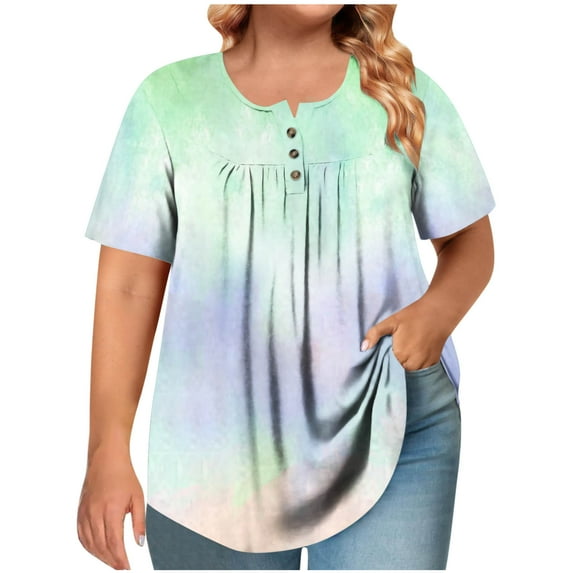 Zwiiyzr Women's Plus Size T-Shirt Short Sleeved V Neck Button Front Pleated Blouse Mint Green (L)