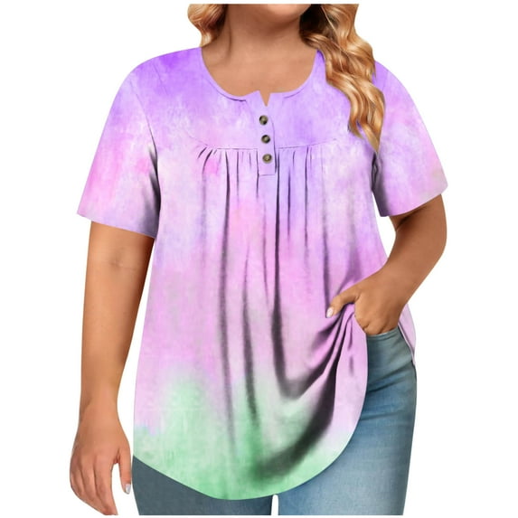 Zwiiyzr Women's Plus Size T-Shirt Short Sleeved V Neck Button Front Pleated Blouse Purple (3XL)