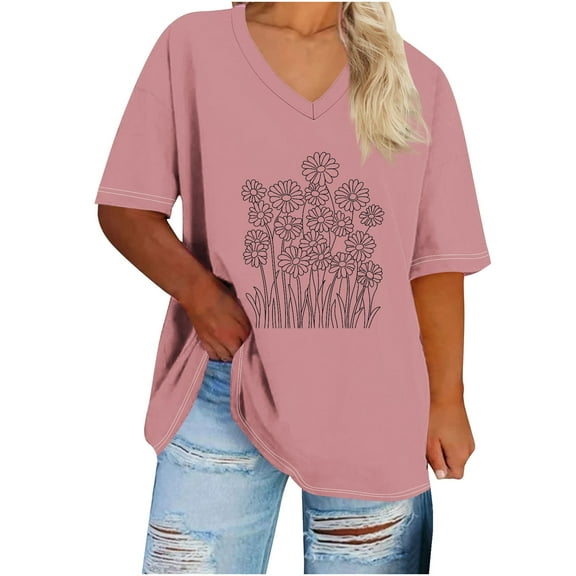 ZQUUVOU Women's Plus Size T-Shirt V-Neck Half Sleeved Solid Summer Base Blouse Pink (M)