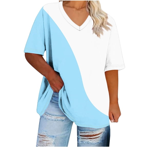 Zwiiyzr Women's Plus Size T-Shirt V-Neck Short Sleeve Solid Color Base Shirt Sports Blouse Light Blue (5XL)