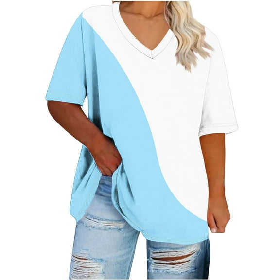 ZQUUVOU Women's Plus Size T-Shirt V-Neck Short Sleeve Solid Color Base Shirt Sports Blouse Light Blue (5XL)
