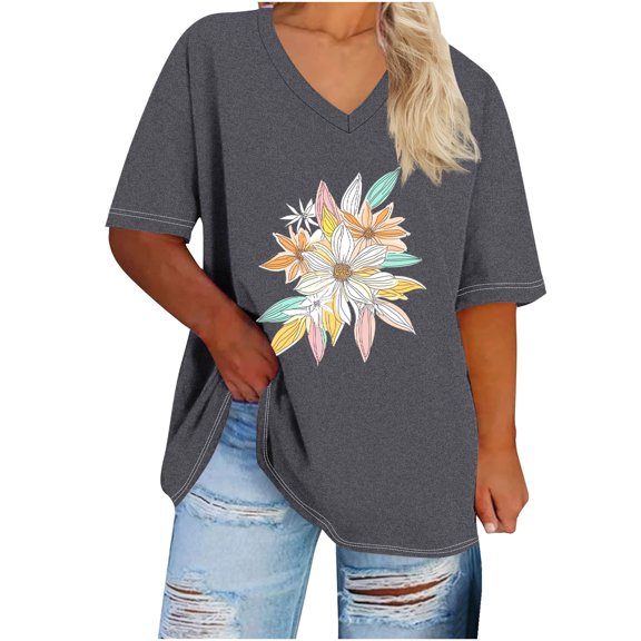 ZQUUVOU Women's Plus Size T-Shirt V-Neck Short Sleeved Solid Base Blouse Gray (2XL)