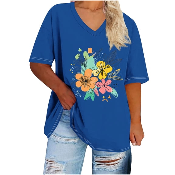 ZQUUVOU Women's Plus Size T-Shirt V-Neck Short Sleeved Solid Base Tunic Blouse Blue (S)