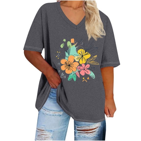 ZQUUVOU Women's Plus Size T-Shirt V-Neck Short Sleeved Solid Base Tunic Blouse Gray (3XL)