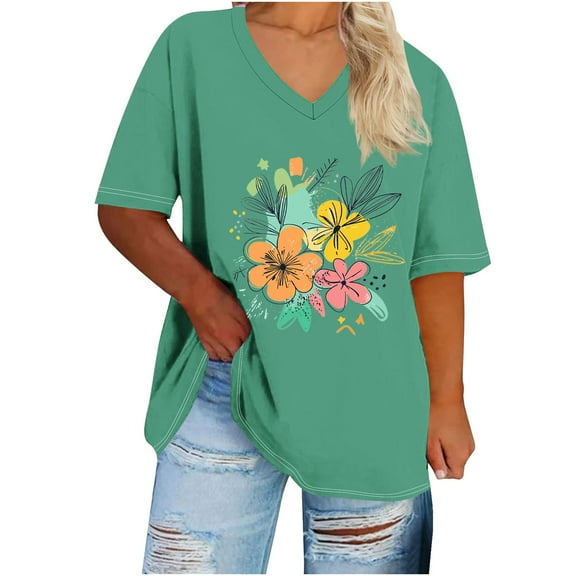 ZQUUVOU Women's Plus Size T-Shirt V-Neck Short Sleeved Solid Base Tunic Blouse Green (M)