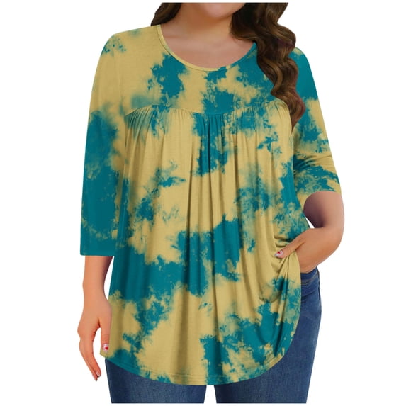 ZQUUVOU Women's Plus Size T-Shirts 3/4 Sleeves Crew Neck Home Casual Tops(Yellow,4XL)