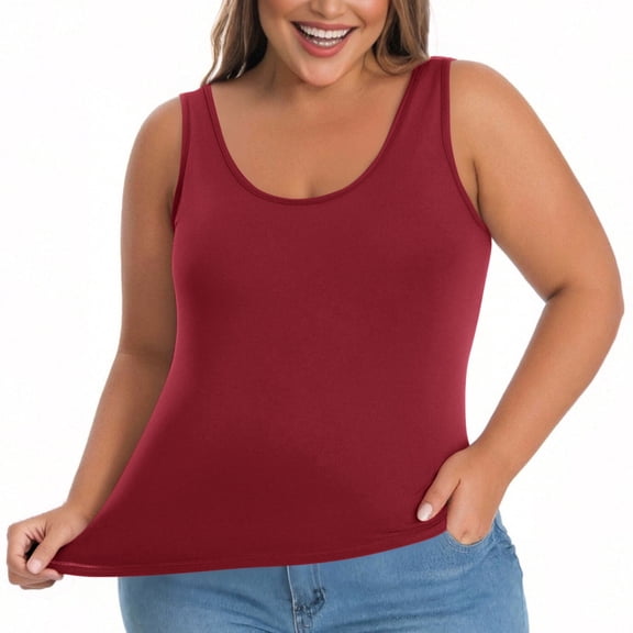 ZQUUVOU Women's Plus Size Tank Tops Solid Color Built In Bra Cami Tops Wireless Seamless Wearable Underwear Burgundy