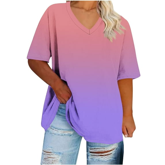 ZQUUVOU Women's Plus Size Tops V-Neck Short Sleeved Solid Color Shirt Sports T-Shirt Purple (5XL)