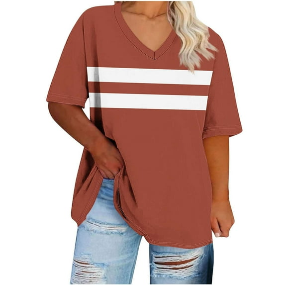 ZQUUVOU Women's Plus Size Tops V-Neck Short Sleeved Stripe Sports T-Shirt Orange (XL)