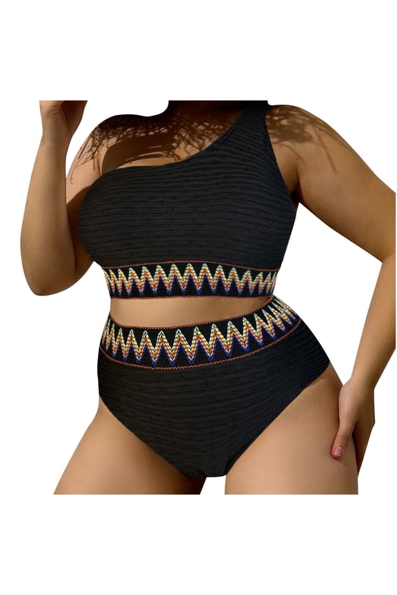 Women's Plus Size Two Piece Swimsuit High Waist One Shoulder Bikini Set Curvy Beach Color Block Bathing Suits Black
