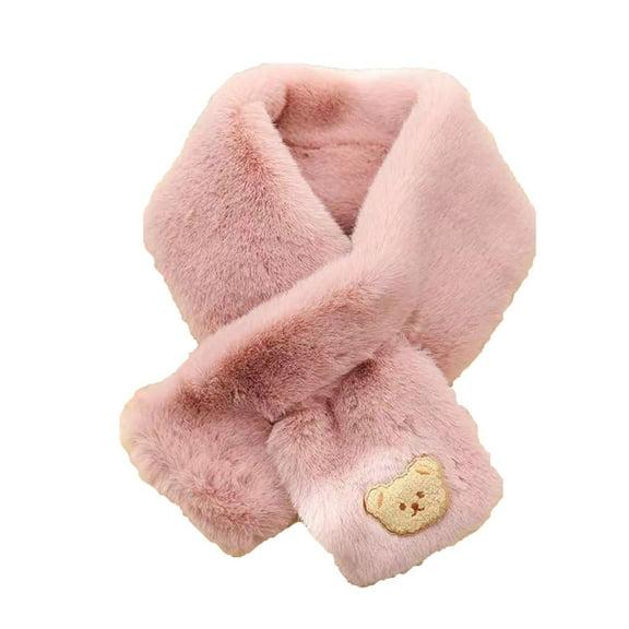 ZQUUVOU Women's Plush Fuzzy Scarf Winter Faux Fur Bear Print Cross Wrap Thick Warm Winter Neckwear Cute Scarf Pink