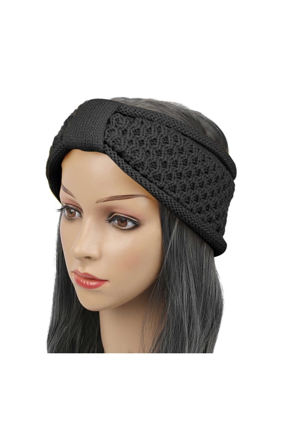Women's Plush Headband with Bow Fold Over Knit Ear Warmer Jacquard Pattern Hair Accessory Knit Ladies Thick Headwraps Black