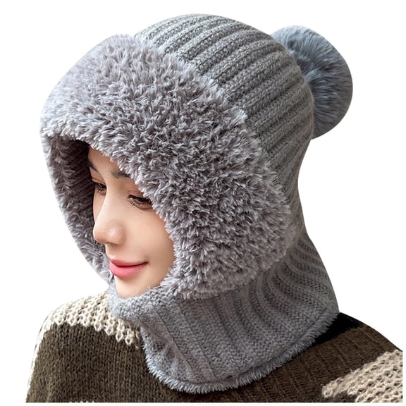 ZQUUVOU Women's Plush Knit Turban Hat 3 In 1 Beanie Face Mask Neck Warmer Windproof Cold Weather Outdoor Cycling Skiing Gray
