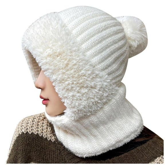 ZQUUVOU Women's Plush Knit Turban Hat 3 In 1 Beanie Face Mask Neck Warmer Windproof Cold Weather Outdoor Cycling Skiing White