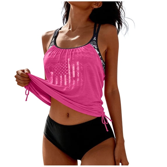 ZQUUVOU Women's Print Drawstring Tankini Set Loose Two Piece Swimsuit Tank Top Holiday Beach Modest Bathing Suits Hot Pink