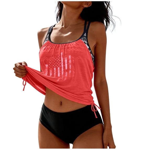 ZQUUVOU Women's Print Drawstring Tankini Set Loose Two Piece Swimsuit Tank Top Holiday Beach Modest Bathing Suits Orange