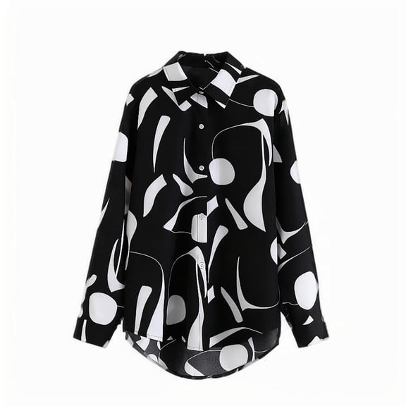 ZQUUVOU Women's Printed Button Down Shirts Long Sleeve Collared Oversized Casual Lightweight Tops for Office Daily Black