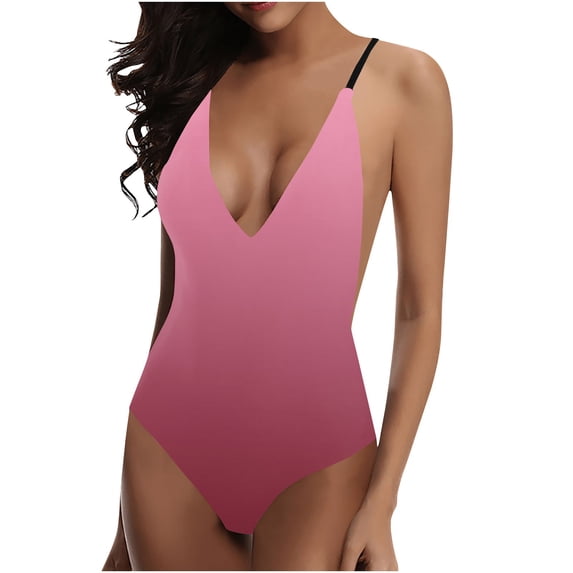 ZQUUVOU Women's Printed One Piece Swimsuit Spaghetti Strap V Neck Backless Swimwear Tummy Control Bathing Suit Hot Pink
