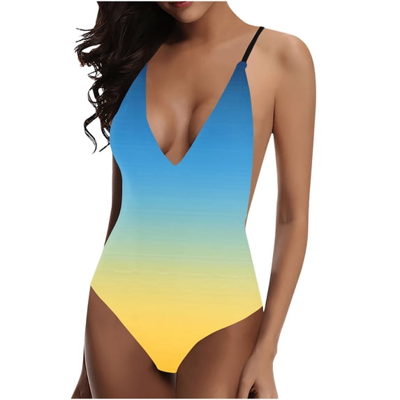 ZQUUVOU Women's Printed One Piece Swimsuit Spaghetti Strap V Neck Backless Swimwear Tummy Control Bathing Suit Yellow