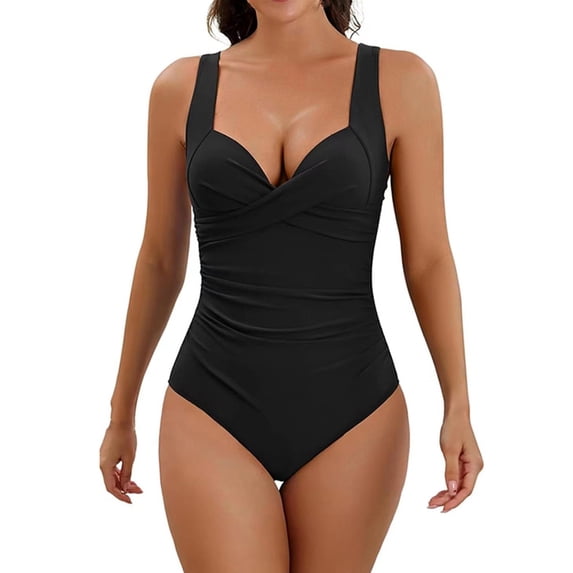 ZQUUVOU Women's Push Up One Piece Swimsuit Solid Color Built in Bra Tummy Control Elegant Swimwear Beach Outfits Black