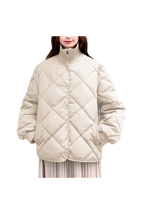 Women's Quilted Lightweight Jacket Loose Thin Padding Long Sleeve Coat Breathable Cotton Blend Fall Winter Casual Tops Khaki