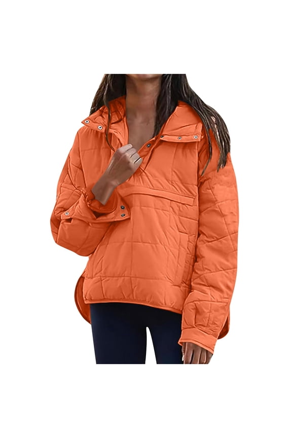 Women's Quilted Lightweight Pullover Solid Color Stand Collar Long Sleeve Snap Button Winter Comfort Top Orange