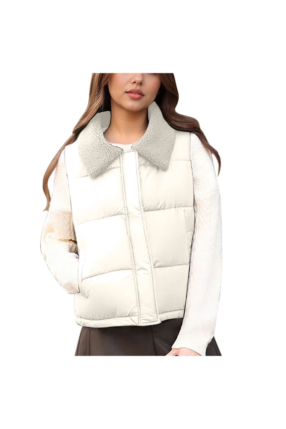 Women's Quilted Vest Fall Winter Collar Sleeveless Padded Jacket with Pocket Warm Lightweight Layering Piece White
