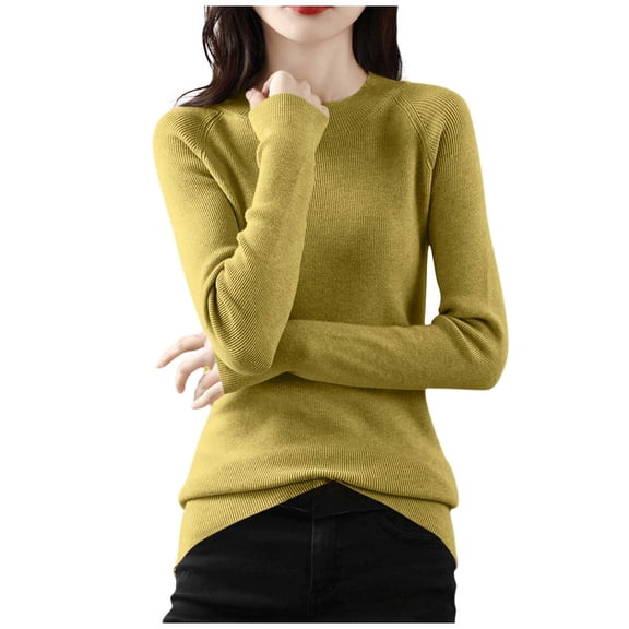 ZQUUVOU Women's Raglan Sleeve Sweater Long Sleeve Round Neck Solid Color Casual Pullover Knit Tops for Warmth Yellow