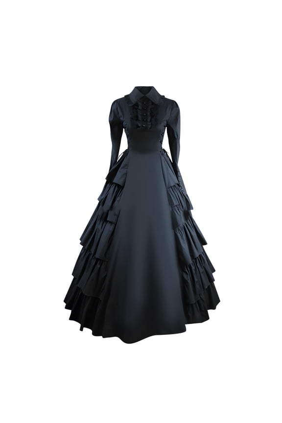Women's Renaissance Medieval Dress Vintage Gothic Ball Gown Long Flared Sleeve Party Floor Length Dress Black