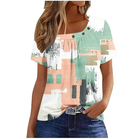 ZQUUVOU Women's Retro T-Shirt Crew Neck Short Sleeved Front Pleated Blouse C-Khaki (XL)