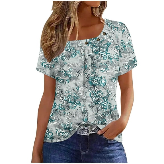 ZQUUVOU Women's Retro T-Shirt Crew Neck Short Sleeved Front Pleated Blouse D-Navy (3XL)