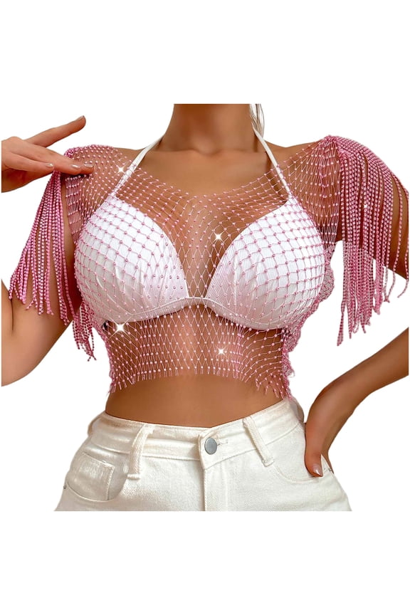 Women's Rhinestone Cropped Tops Mesh Sparkle Fringe Shoulder T Shirt Hollow Out Crystal Tops Party Clubwear Pink