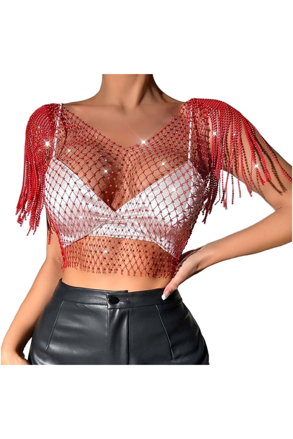 Women's Rhinestone Cropped Tops Mesh Sparkle Fringe Shoulder T Shirt Hollow Out Crystal Tops Party Clubwear Red