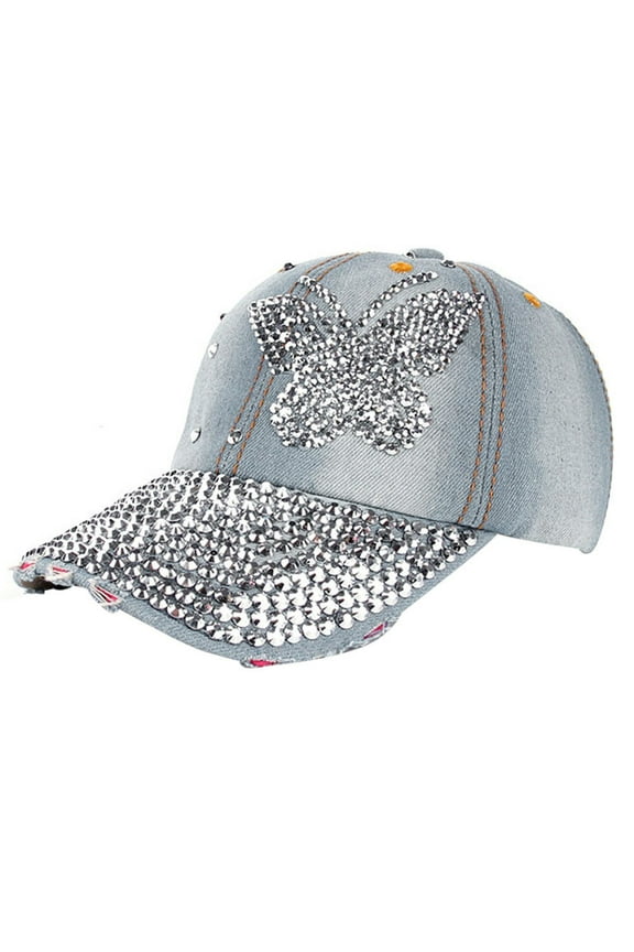 Women's Rhinestone Denim Baseball Cap Butterfly Studded Crystal Embellished Distressed Hat Fashion Blue