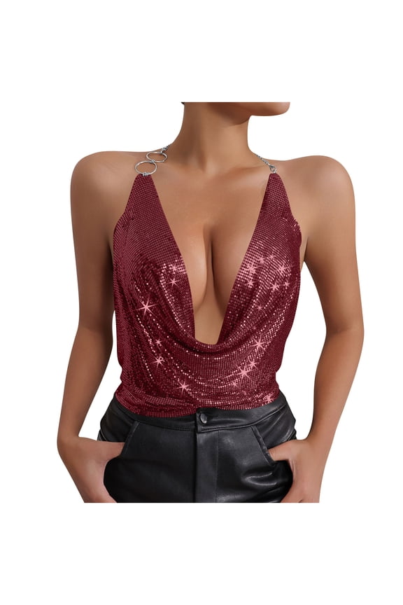 Women's Rhinestone Tops Sparkly Shiny Deep V Backless Crop Top Sleeveless Hanging Neck Metal Chain Club Party Clubwear Burgundy