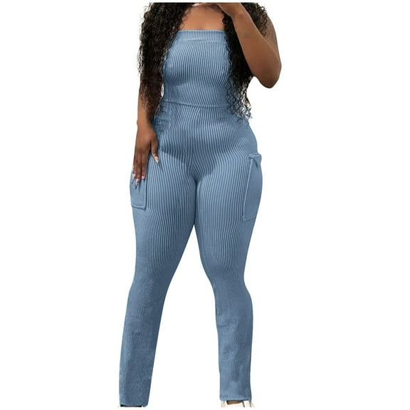 ZQUUVOU Women's Ribbed Jumpsuits One Piece Spaghetti Straps Square Neck Bodycon Seamless Casual Workout Yoga Romper Playsuit Light Blue