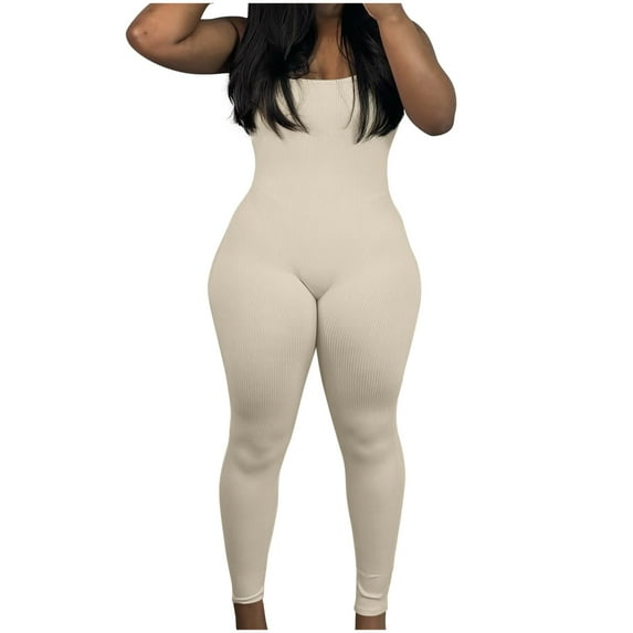 ZQUUVOU Women's Ribbed Jumpsuits One Piece Spaghetti Straps Square Neck Bodycon Seamless Casual Workout Yoga Romper Playsuit White