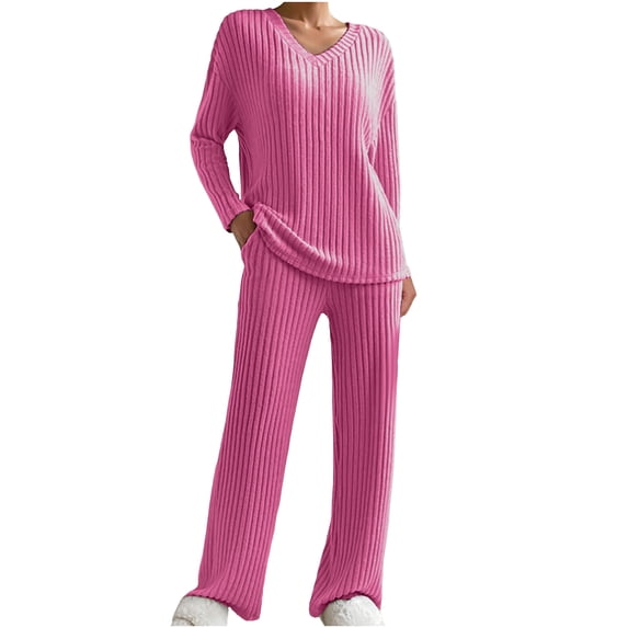 ZQUUVOU Women's Ribbed Knit Lounge Set Long Sleeve Solid Color Tops and Pants Two Piece Set Comfortable Sleepwear Hot Pink