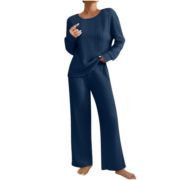 ZQUUVOU Women's Ribbed Knit Lounge Set Solid Color Crew Neck Pullover Long Sleeve Top Elastic Waist Pocket Pants Set Dark Blue