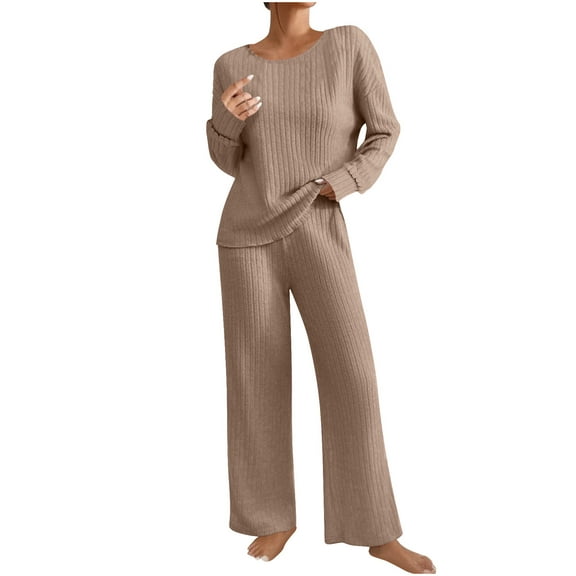 ZQUUVOU Women's Ribbed Knit Lounge Set Solid Color Crew Neck Pullover Long Sleeve Top Elastic Waist Pocket Pants Set Khaki