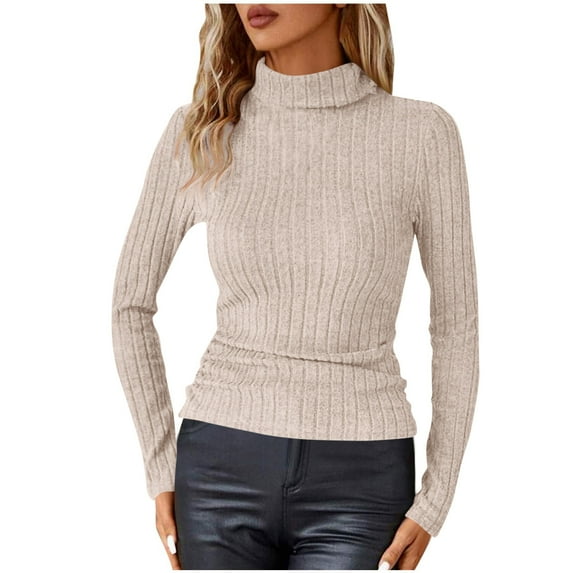 ZQUUVOU Women's Ribbed Knit Pullover Slim Plain Color Turtleneck Long Sleeve Pullover Tops Soft Comfortable Beige