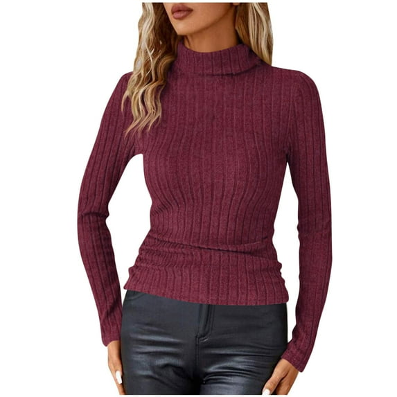 ZQUUVOU Women's Ribbed Knit Pullover Slim Plain Color Turtleneck Long Sleeve Pullover Tops Soft Comfortable Burgundy