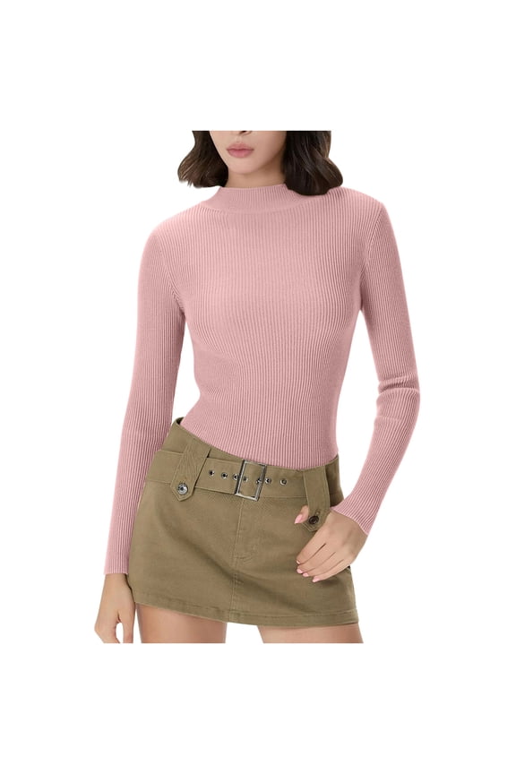 Women's Ribbed Knit Sweater Long Sleeve Mock Neck Slim Stretchy Base Layer Shirts Pullover for Layering Pink