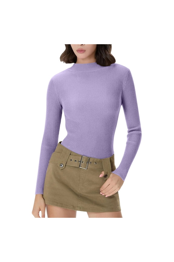 Women's Ribbed Knit Sweater Long Sleeve Mock Neck Slim Stretchy Base Layer Shirts Pullover for Layering Purple