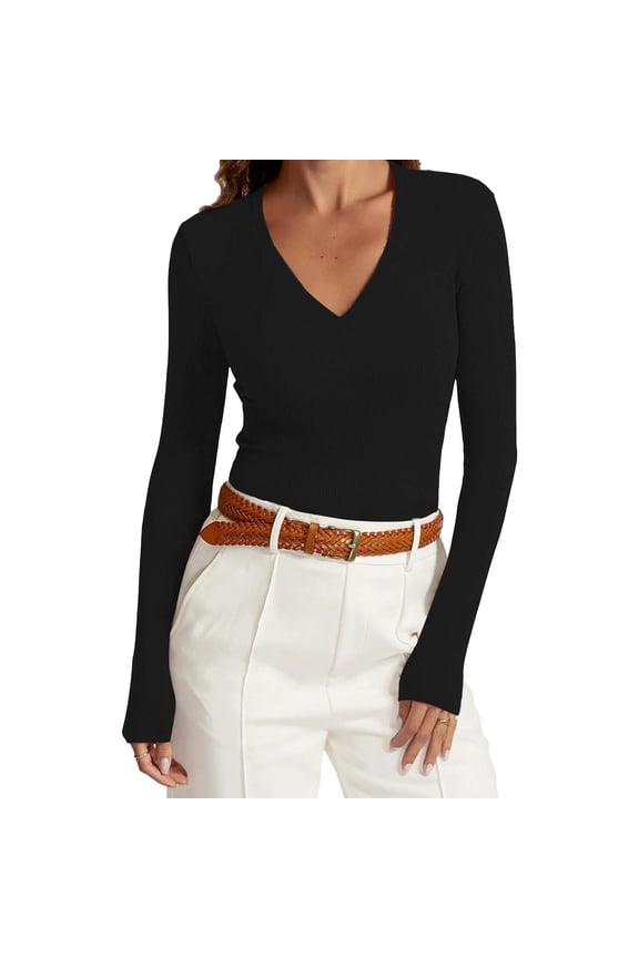 Women's Ribbed Knit V Neck Tops Long Sleeve Solid Color Slim Stretchy Casual Bodycon Blouse Fitted T Shirts Black