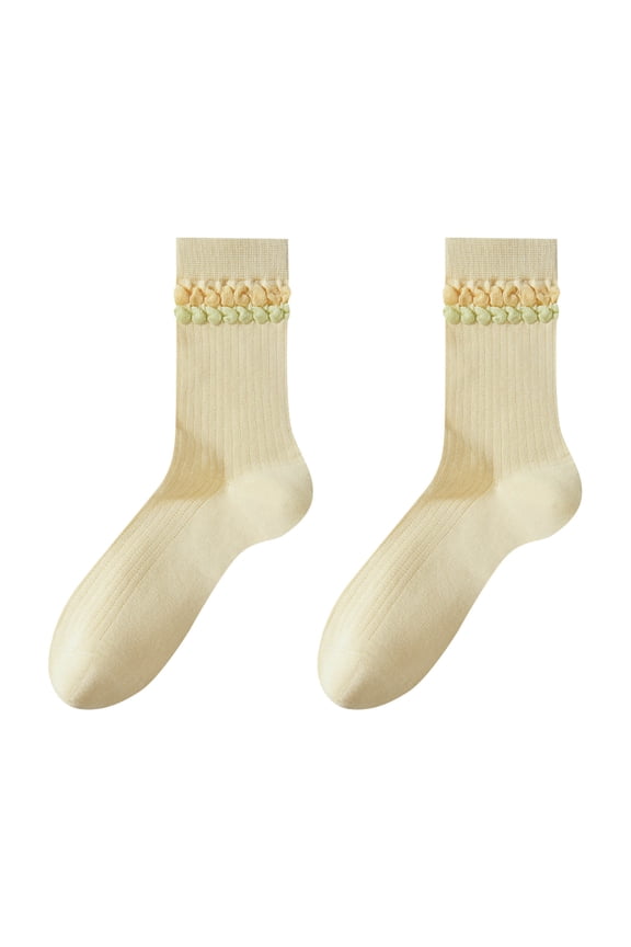 Women's Ribbed Mid Calf Socks Ruffle Scallop Cuff Two Tone Pastel Trim Soft Cotton Casual Stack Crew Socks Yellow